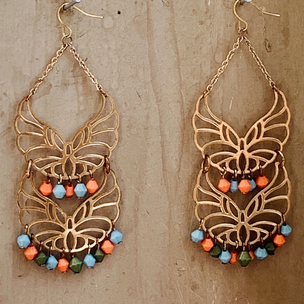 Big Boho Colorful Beaded Dangle Openwork Earrings… - image 1